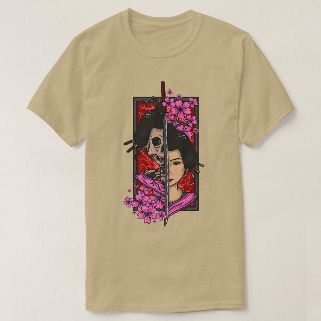 T-shirt Geisha avec katana et sakura cerisier en fleurs sa (Design devant)