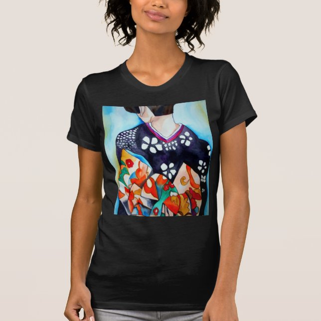 T-shirt Geisha avec kimono bleu foncé, œuvre d'art origina (Devant)