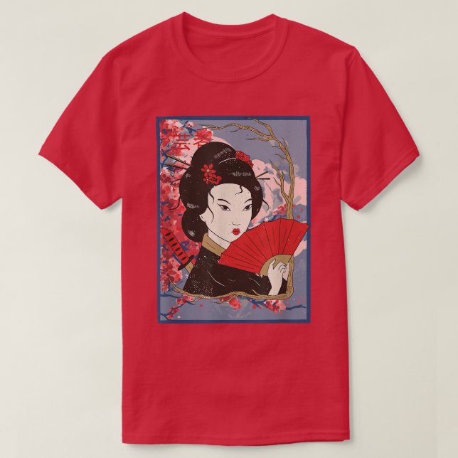 T-shirt Geisha Girl in Kimono Sakura Cherry Blossom Japon (Design devant)