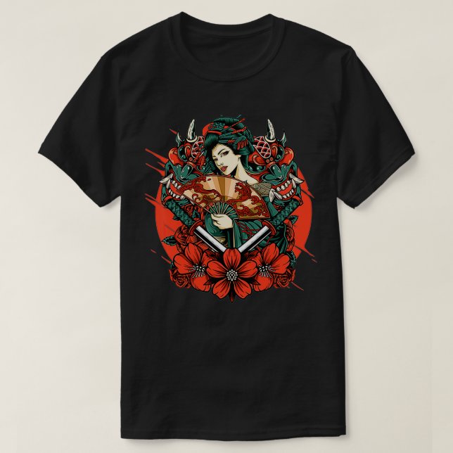 T-shirt Geisha Japanese Oni Mask Yokai Samurai Katana Swor (Design devant)