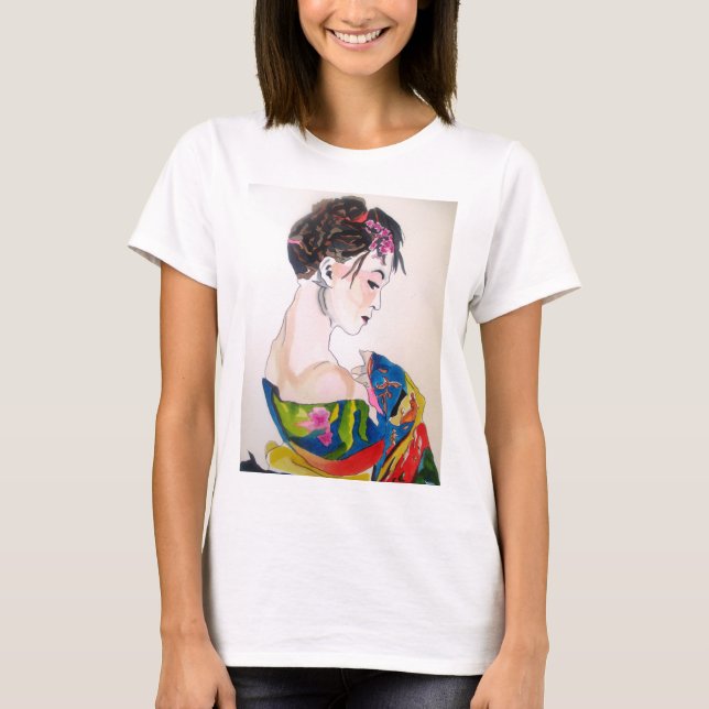 T-shirt Geisha japonais avec kimono bleu (Devant)