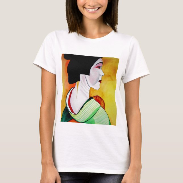 T-shirt Geisha japonais avec kimono vert art original (Devant)