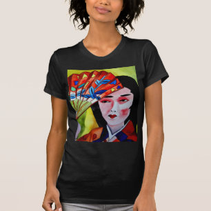 T-shirt geisha japonaise avec ventilateur aquarelle art or