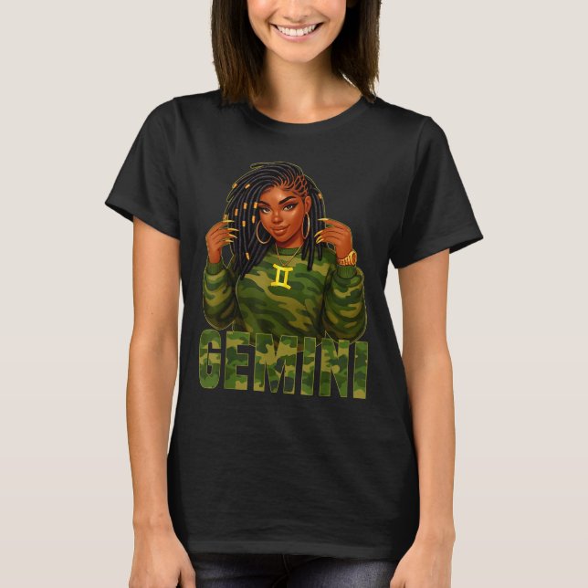 T-shirt Gemini Queen Loc'd Black Woman Camo Zodiac Sign  (Devant)
