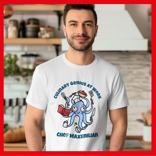 T-shirt Génie culinaire au travail Cute Cartoon Chef Octop (Octopus Chef cartoon t-shirt in kitchen)