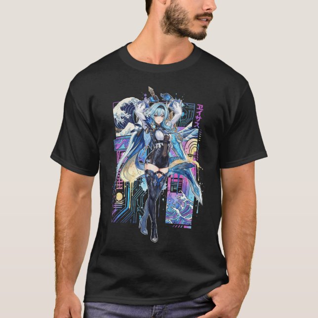 T-shirt Genshin Eula Vaporwave Glitch Palmier Coucher de s (Devant)