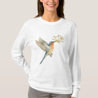 T-shirt Gentle Bird Offering Flowers Watercolor Tee