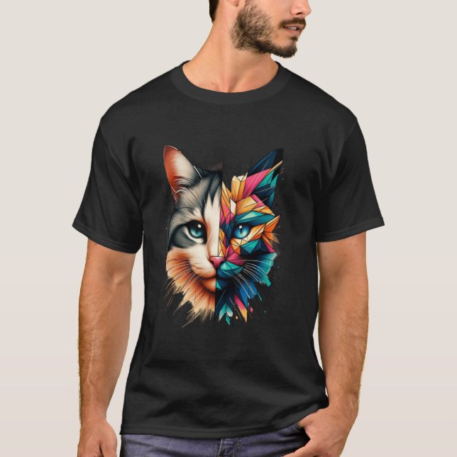 T-shirt Géométrie Mignonne Demi Visage De Chaton Abstrait  (Devant)