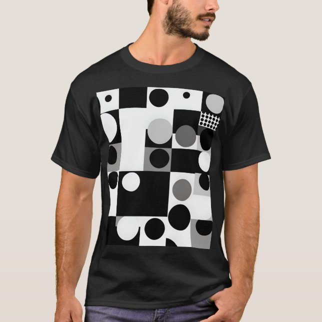 T-shirt géométrique Noir blanc formes motif mod (Devant)