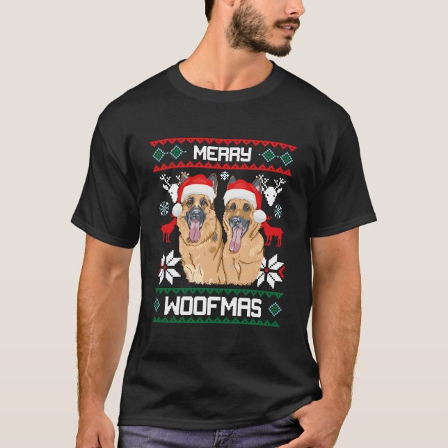 T-shirt Ger Shepherd Merry Woofmas Pour (Devant)