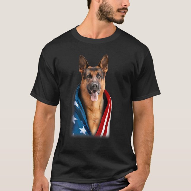 T-shirt German Shepherd American Flag Independence Day (Devant)