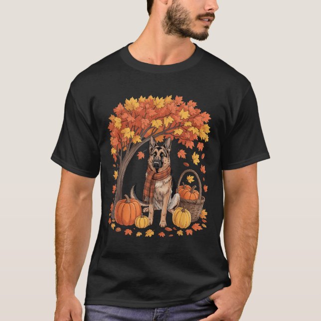 T-shirt German Shepherd Dog Fall Scarf Pumpkin Autumn Than (Devant)