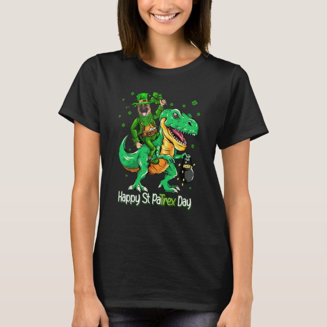 T-shirt German Shepherd Riding Dinosaur Patricks Day Shamr (Devant)
