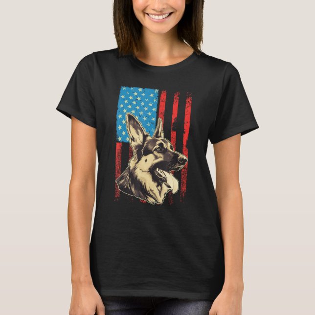 T-shirt German Shepherd USA American Flag 4th of July Grun (Devant)