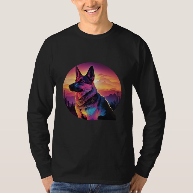 T-shirt German Shepherd with a Nostalgic 80s Retrowave Aes (Devant)