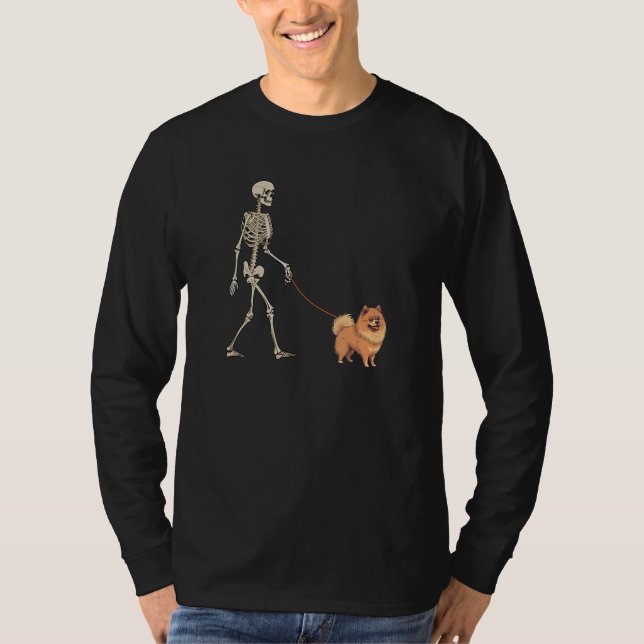 T-shirt German Spitz Skeleton Dog Walking Halloween Dog (Devant)