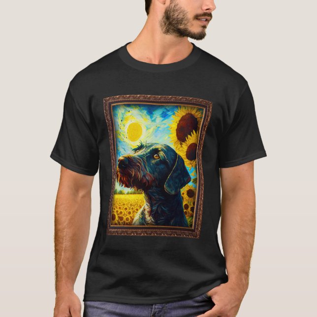 T-shirt German Wirehaired Pointer Painting Sunflower Flowe (Devant)