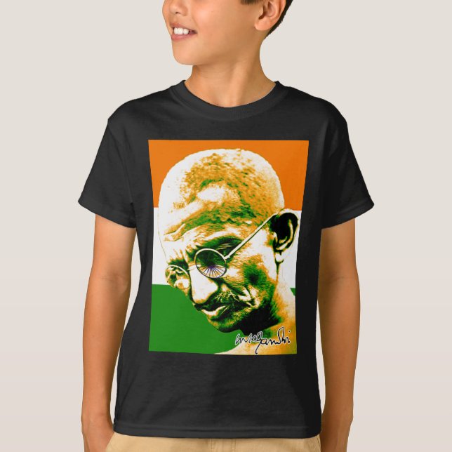 T-shirt Ghandi en orange vert et blanc avec drapeau (Devant)