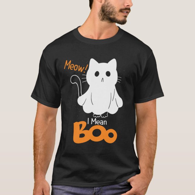 T-shirt Ghost Cat Meow I Mean Boo Pumpkin Moon Halloween (Devant)