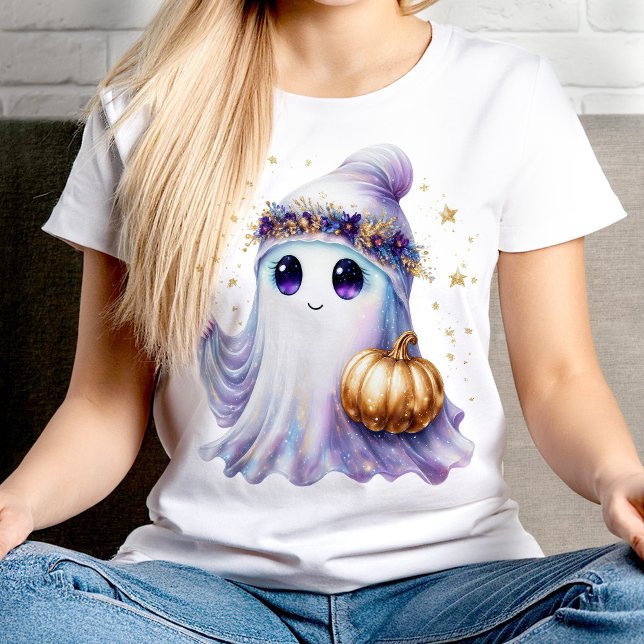 T-shirt Ghost Halloween Cute Lavendar Purple Bougie (neon pink lavender fuchsia purple bougie electric bright Light Violet ghost in a wreath golden pump)