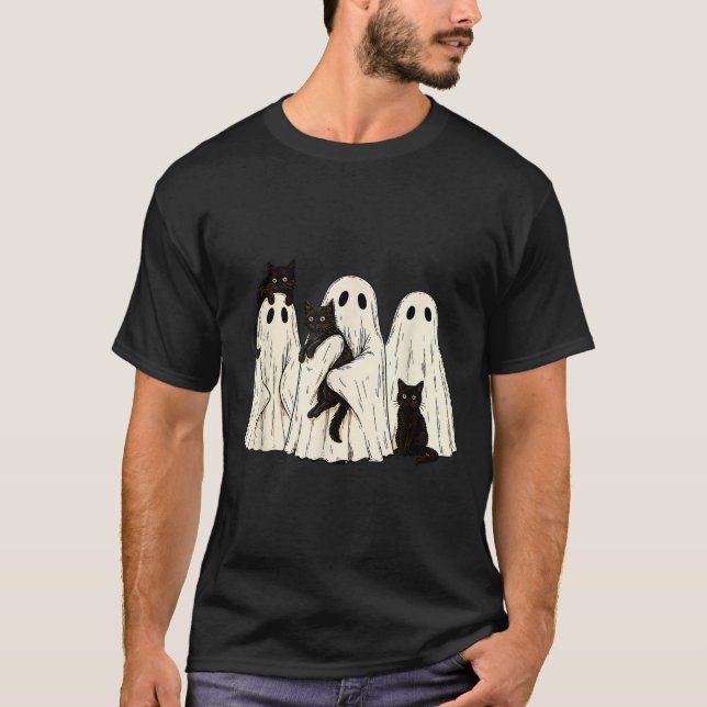T-shirt Ghost Holding Black Cat Funny Halloween Cat Lovers (Devant)