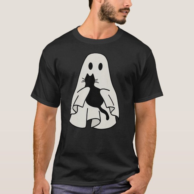 T-shirt Ghost Holding Black Cat Halloween Friendship Theme (Devant)