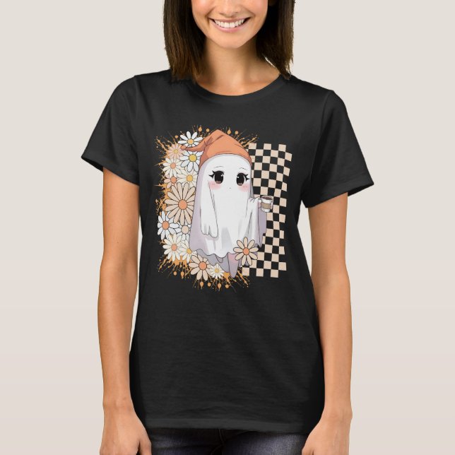 T-shirt Ghost Kawaii avec café et marguerites - Cute Cosy (Devant)