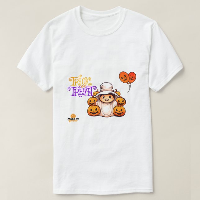 T-shirt Ghost mignon avec Bac Citrouille ou traiter Hallow (Design devant)