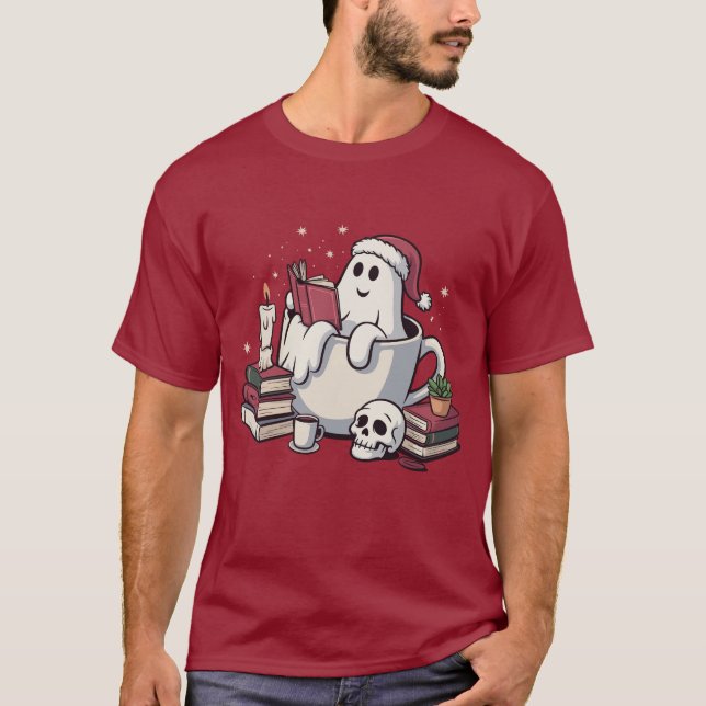 T-shirt Ghost Reading Books Christmas Teacher Bookworm (Devant)