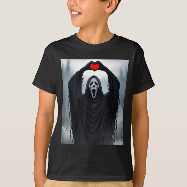 T-shirt Ghost Red Heart Hands Y Face Halloween Valentines  (Devant)