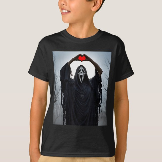 T-shirt Ghost Red Heart Hands Y Face Halloween Valentines  (Devant)