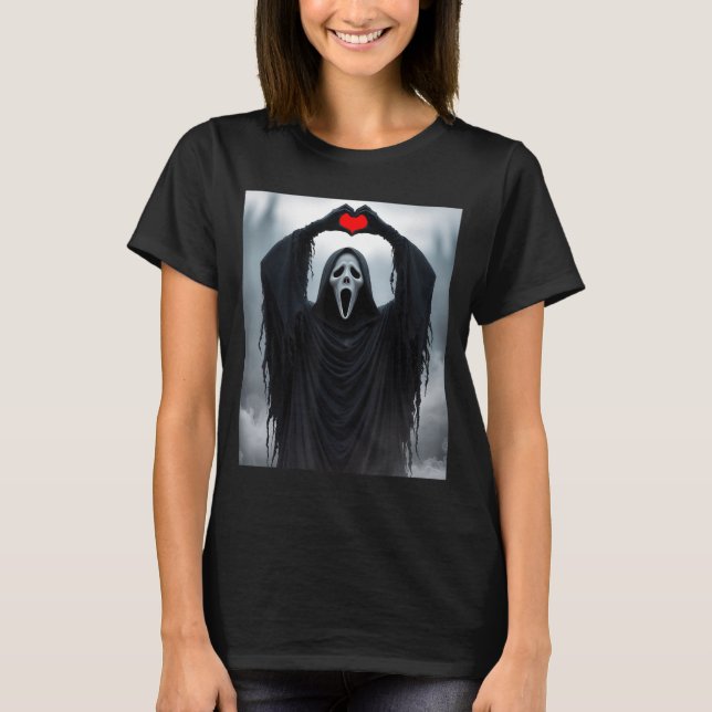 T-shirt Ghost Red Heart Hands Y Face Halloween Valentines  (Devant)
