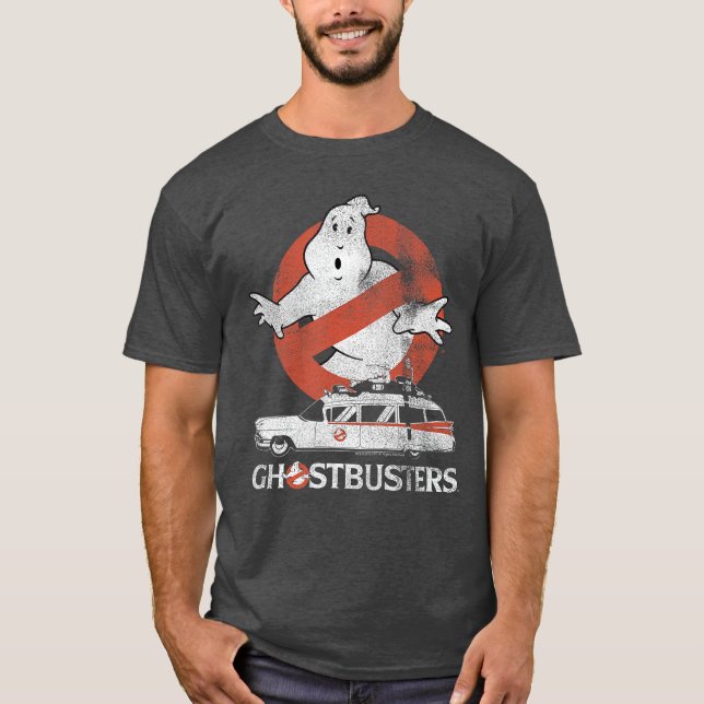 T-shirt Ghostbusters No Ghost with Ectomobile Retro Movie  (Devant)