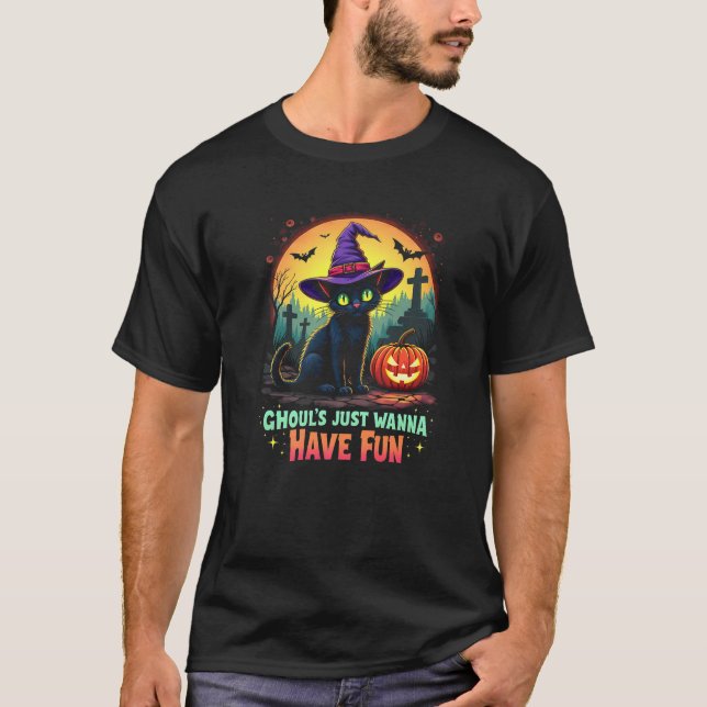 T-shirt Ghouls veut juste s'amuser Halloween femmes chat a (Devant)
