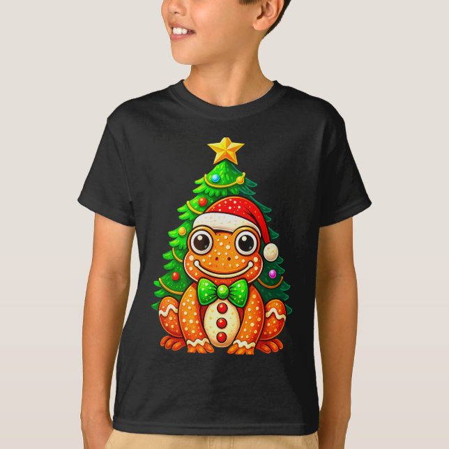 T-shirt Gingerbread Frog Wearing Santa Hat Christmas Tree  (Devant)