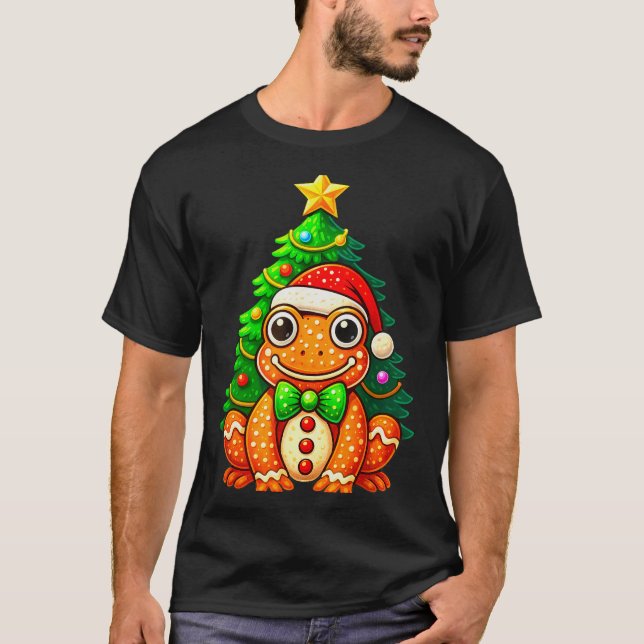 T-shirt Gingerbread Frog Wearing Santa Hat Christmas Tree  (Devant)