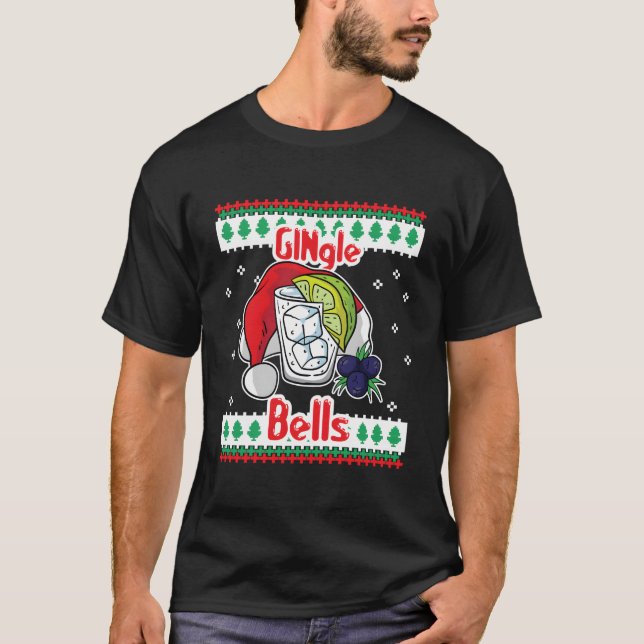 T-shirt Gingle Bells Gin Tonic Glass Santa Ugly (Devant)