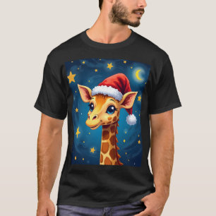 T-shirt Girafe de Noël Chapeau de Père Noël Nuit Étoilée F
