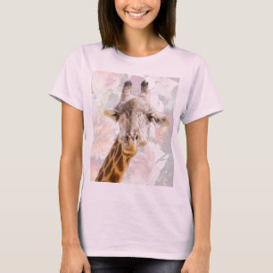 T-shirt Girafe et Fleurs Moderne Drôle Animal Rose