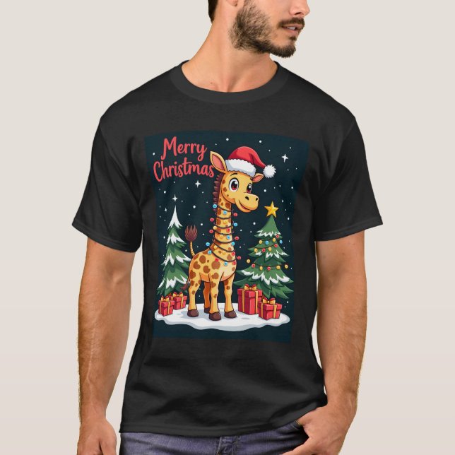 T-shirt Girafe Joyeux Noël Éclairage de l'Arbre de Noël Pè (Devant)