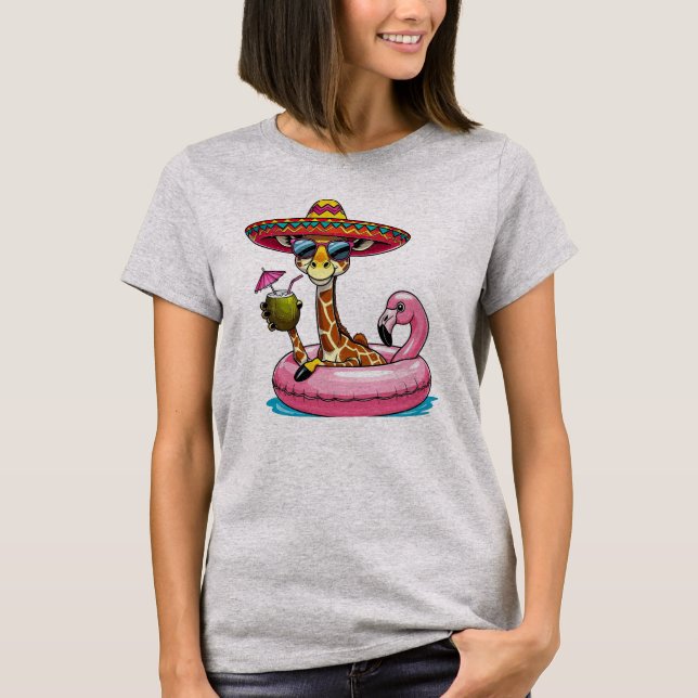 T-shirt Girafe sur radeau flamant rose (Devant)