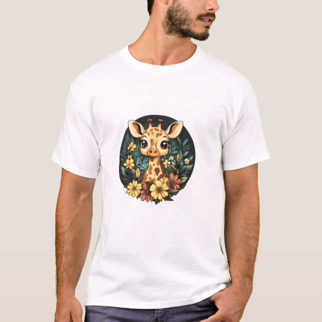 T-shirt Giraffe Adorable Entourée De Fleurs _4 (Devant)