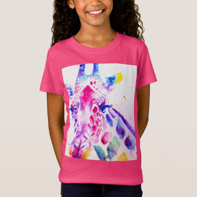 T-Shirt Giraffe Aquarelle Girls Purple Cadeaux Hot Rose (Devant)