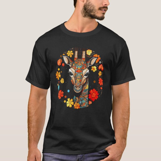 T-shirt Giraffe Artwork Colourful Flowers Animals Motif Gi (Devant)