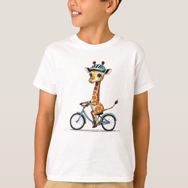 T-shirt Giraffe Riding a Bicycle - Crayon à main (Devant)