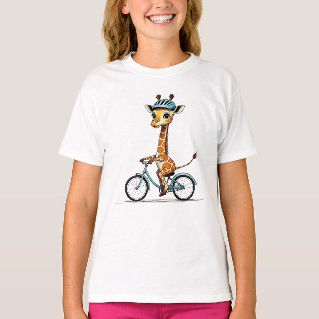 T-shirt Giraffe Riding a Bicycle - Crayon à main (Devant)