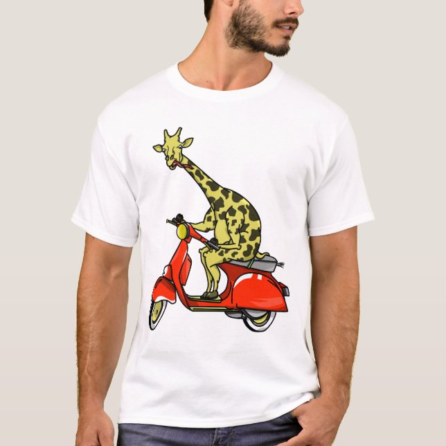 T-shirt Giraffe sur un cyclomoteur rétro rouge (Devant)