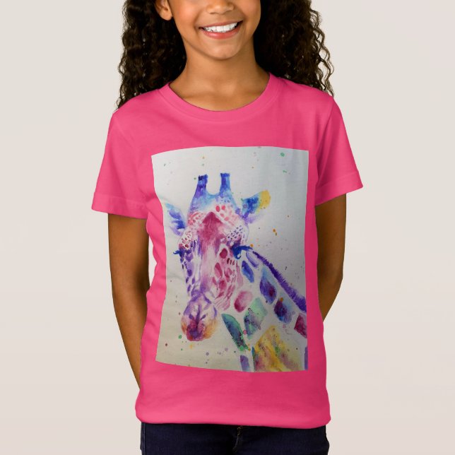 T-Shirt Giraffe Whimsical Aquarelle Rose Girls T Chemise (Devant)