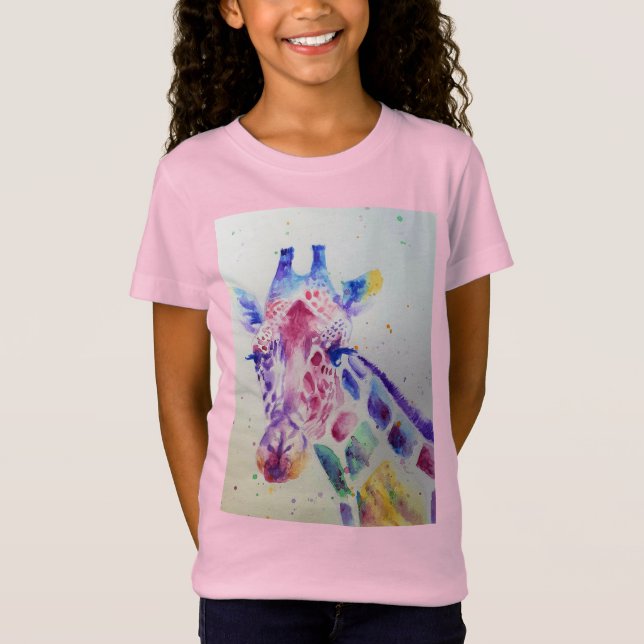 T-Shirt Giraffe Whimsical Watercolor rose Girls T Shirt (Devant)