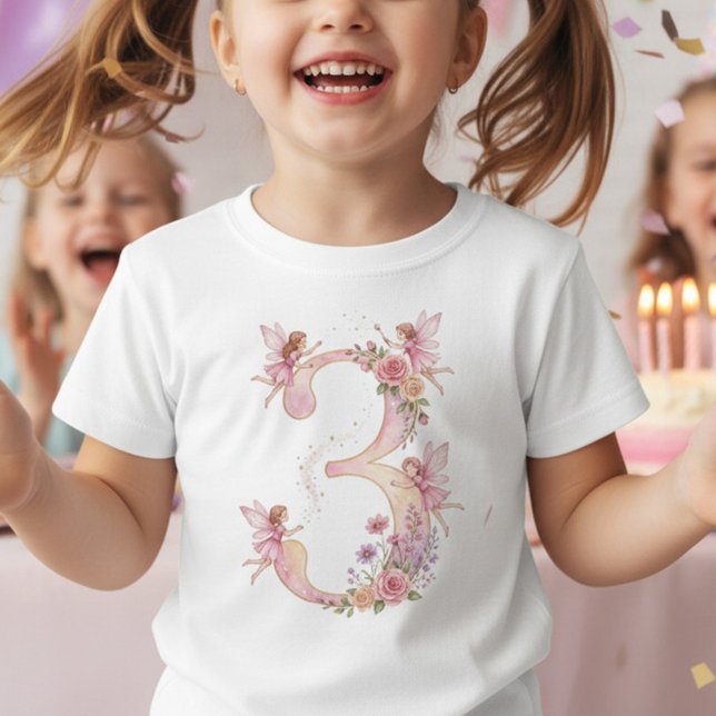T-Shirt Girl 3rd Birthday Pink Fairy Number Three (Fairy princess 3rd birthday shirt, photoshoot keepsake)